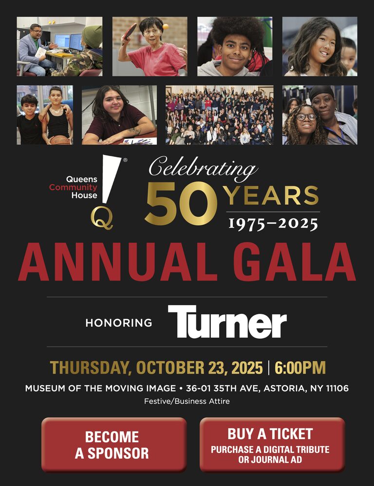 Queens Community House 50th Annual Gala 2025 flyer, celebrating 50 years and honoring Turner, with event details and sponsor/ticket buttons.